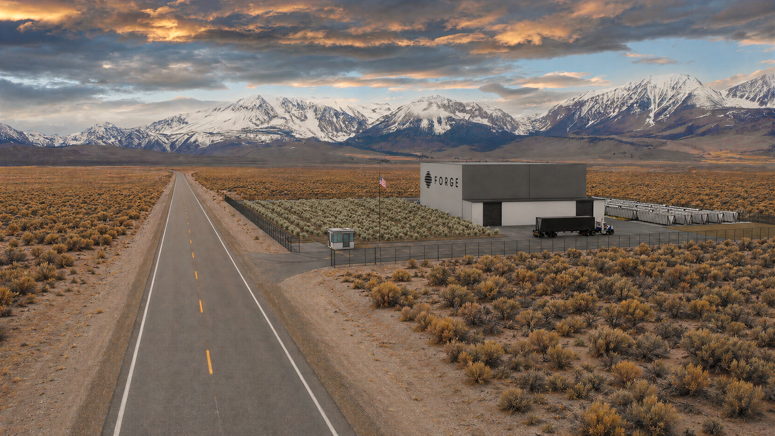 A Forge Ember plant beside a desert highway at dusk, the Forge grid mark on its road-facing wall: guard booth, American flag, a semi truck at the dock, and rows of air-cooled condensers, with snow-capped mountains behind