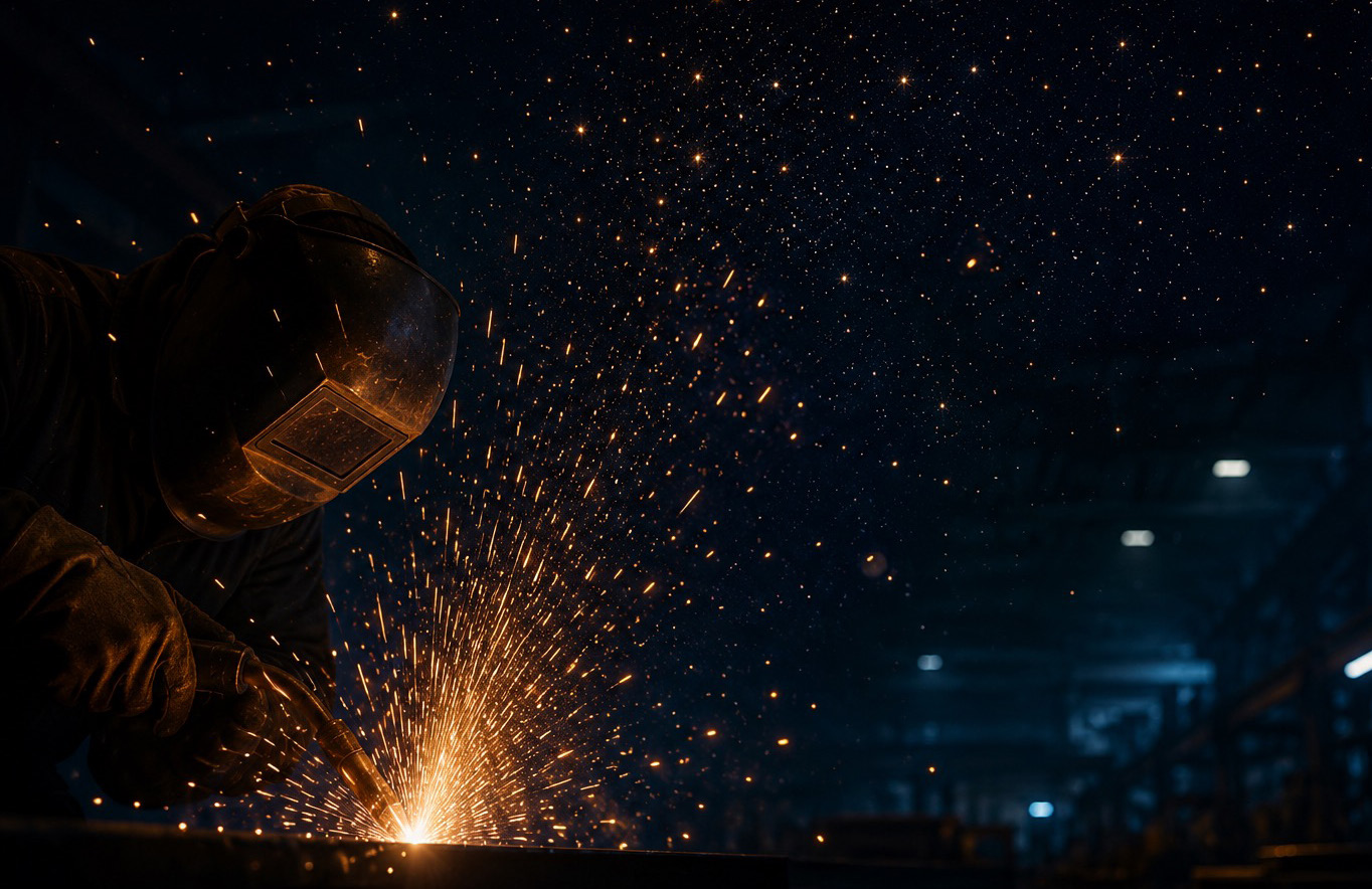 A welder at work, sparks arcing across a dark shop floor