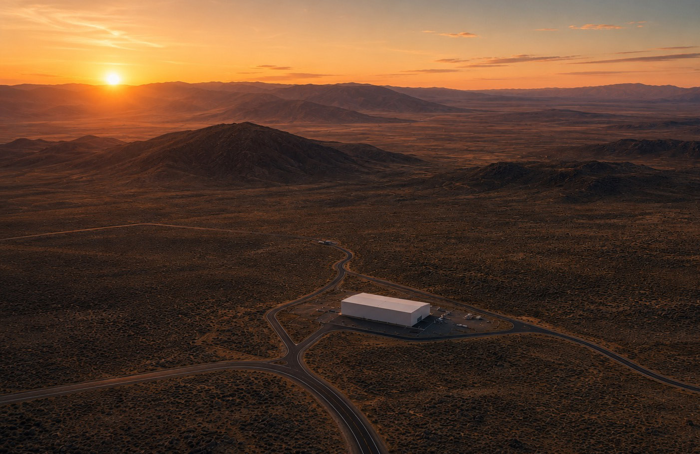 An Ember plant sited alone in high desert at sunset, reached by a two-lane road