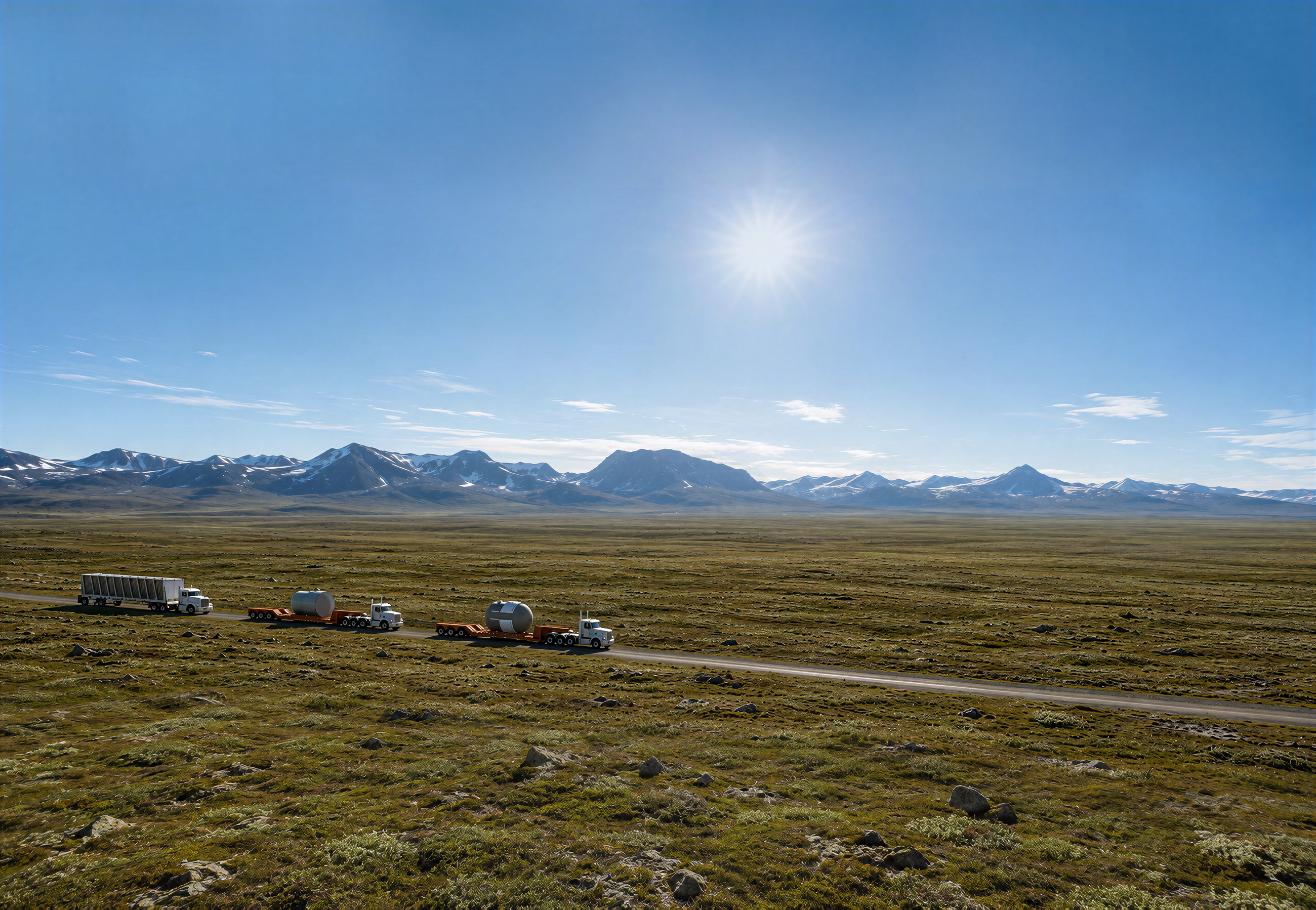 A caravan of three semi trucks hauling reactor components across open tundra toward a distant mountain range