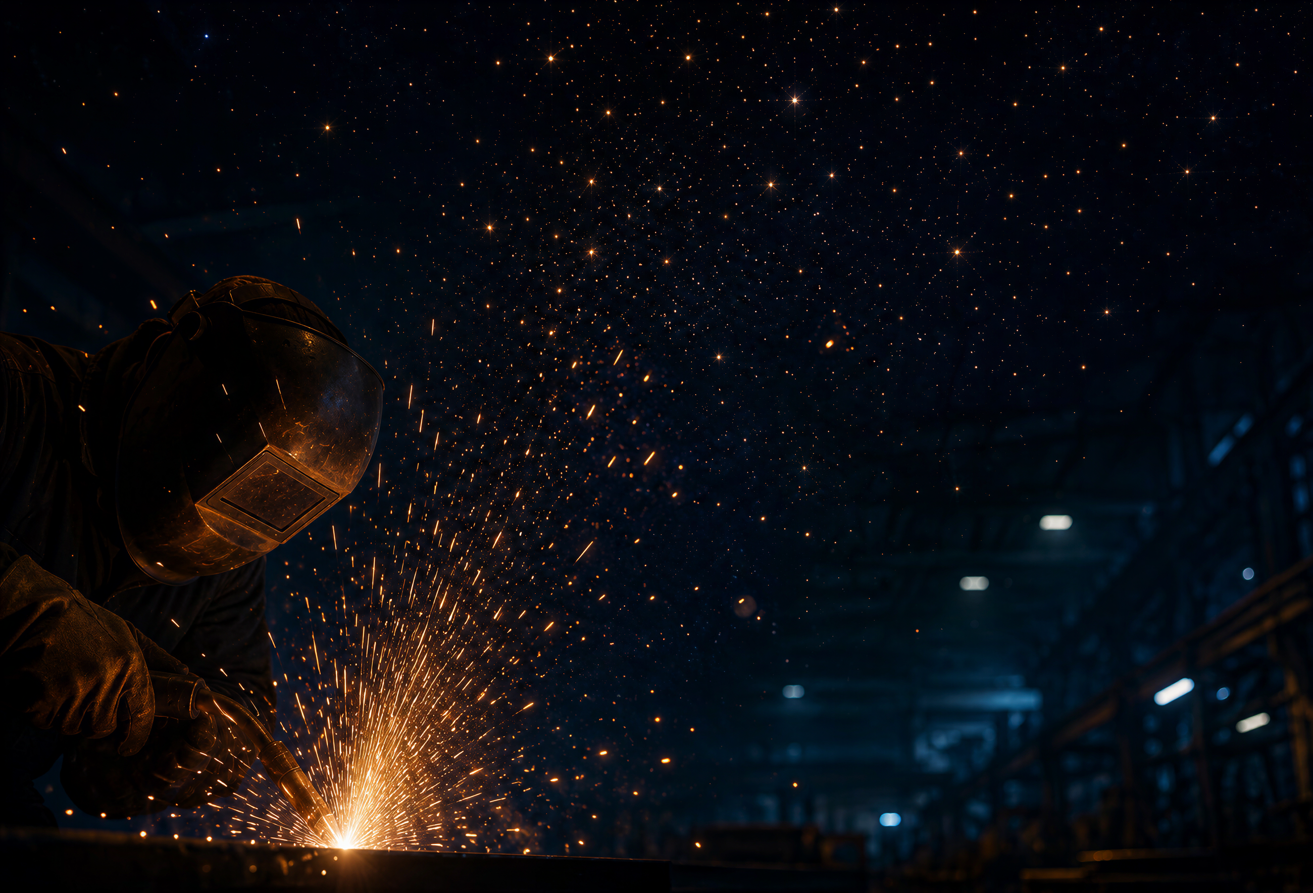 A welder at work, sparks arcing upward into a night sky like stars
