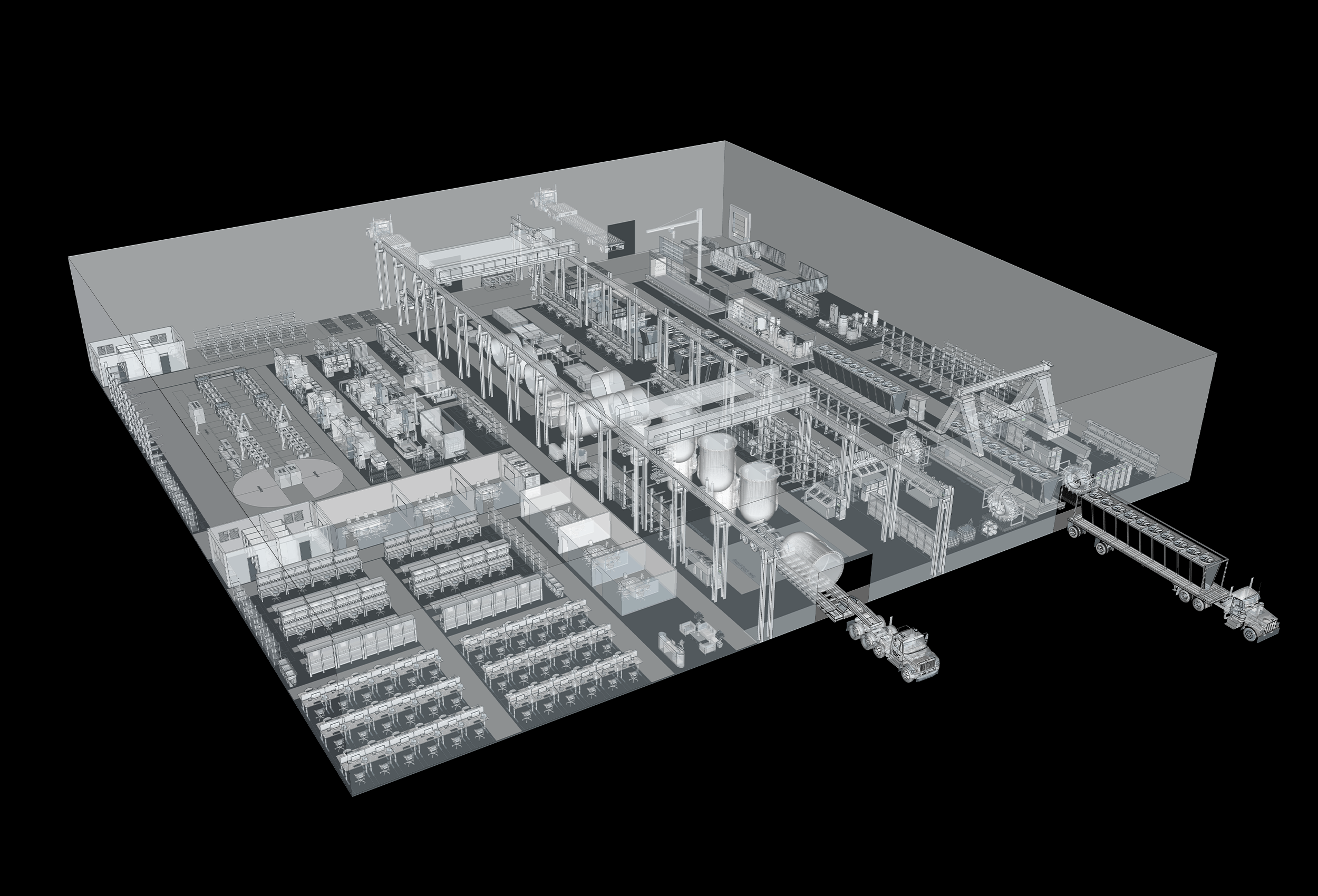 Wireframe cutaway of the Ember factory floor, showing the full production line end to end